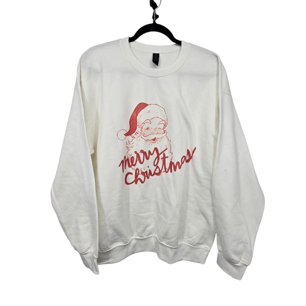 Retro Santa Claus Crew Neck Sweatshirt Womens L White Cotton Blend Holiday